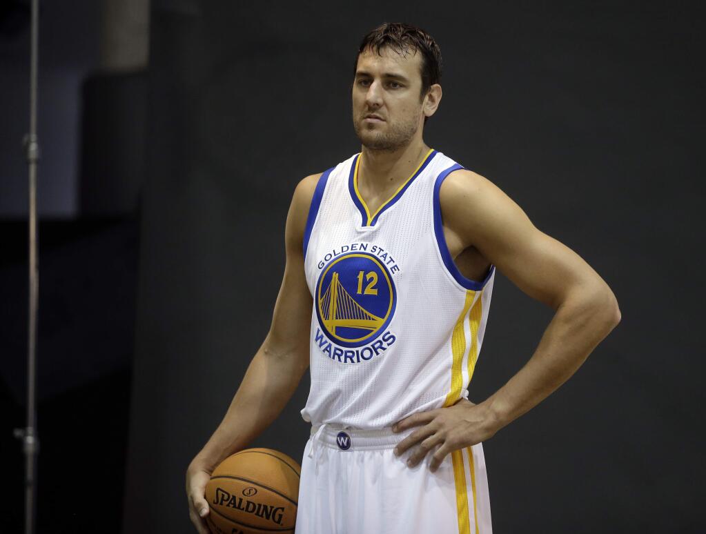 Golden State Warriors' Andrew Bogut is photographed during NBA basketball media day, Monday, Sept. 29, 2014, in Oakland. (AP Photo/Ben Margot)
