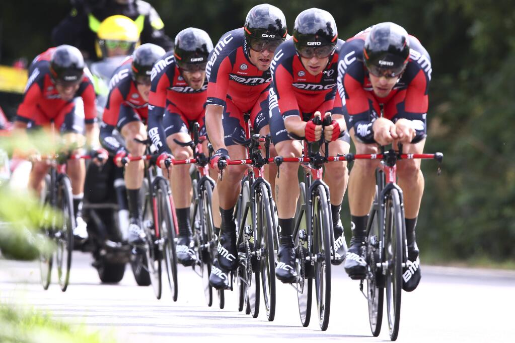 Team BMC with Tejay van Garderen of the U.S., rides to win the ninth stage of the Tour de France cycling race, a team time-trial over 28 kilometers (17.4 miles) with start in Vannes and finish in Plumelec, France, Sunday, July 12, 2015. (AP Photo/Peter Dejong)