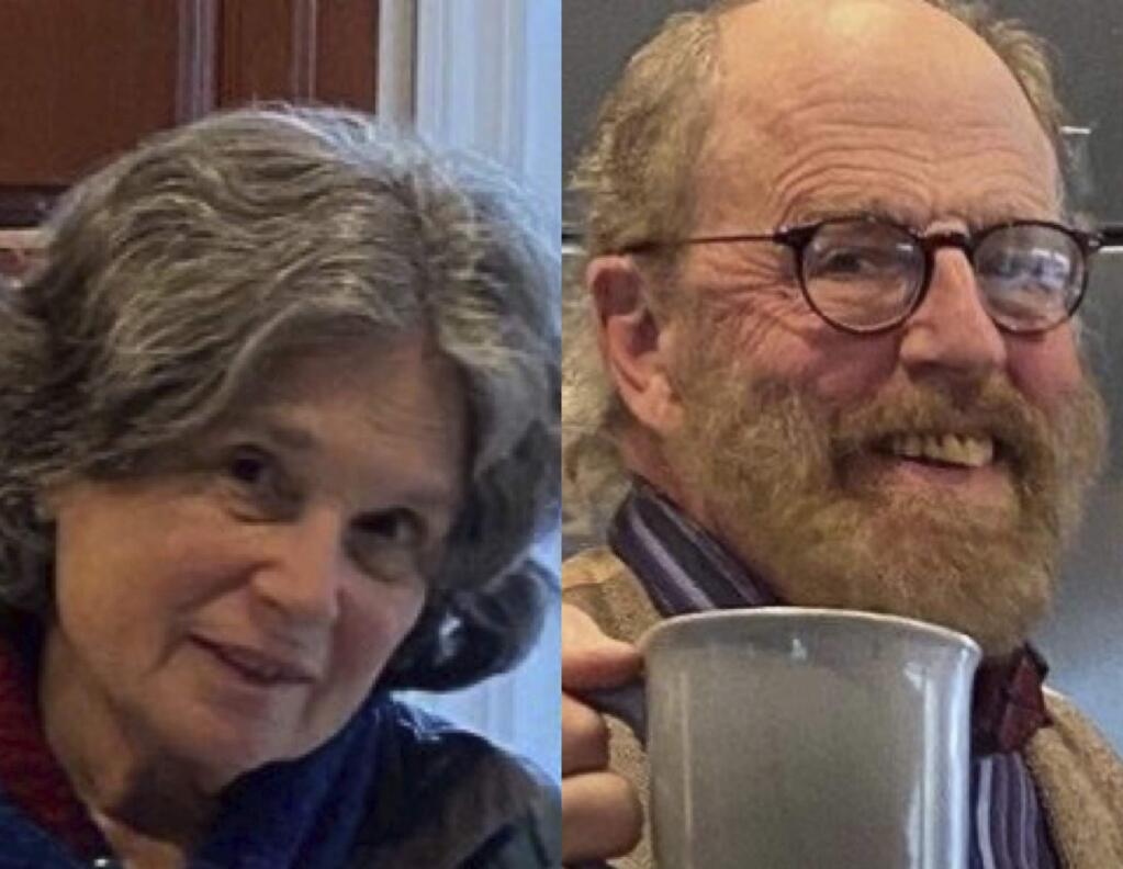 FILE - In these undated photos released by the Marin County Sheriff's Office are Carol Kiparsky and Ian Irwin. The academic couple who vanished during a getaway in the woods of Northern California were found Saturday, Feb. 22, 2020, by search-and-rescue workers who spent almost a week looking for them and gave up hopes of finding them alive. The Marin County Sheriff's office tweeted that two helicopter crews airlifted Kiparsky, 77, and Irwin, 72, to a hospital. Authorities did not immediately provide details on their conditions and where they were located. (Marin County Sheriff's Office via AP, File)