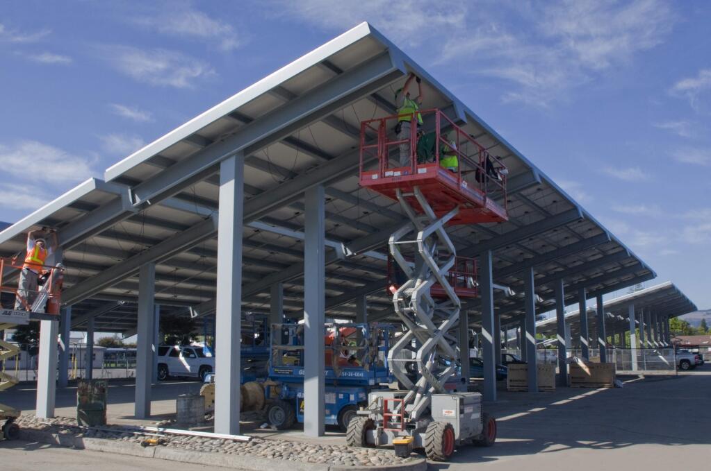 Installing solar panles at Sonoma Valley High School in 2011. (FIle Photo by Robbi Pengelly/Index-Tribune)