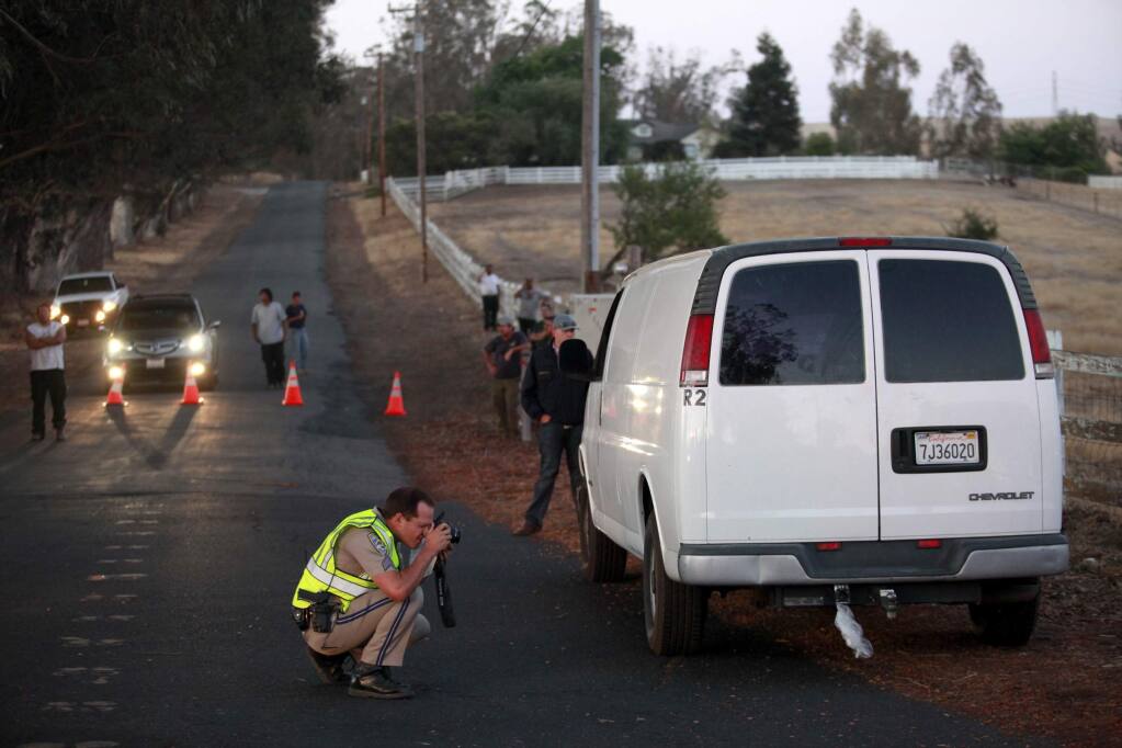 The hitch of van that was pulling a trailer with a pizza oven is photographed at the scene of fatal accident on Lakeville Highway near Old Lakeville Highway No. 3 on Friday, August 8, 2014 in Petaluma, California. (BETH SCHLANKER/ The Press Democrat)