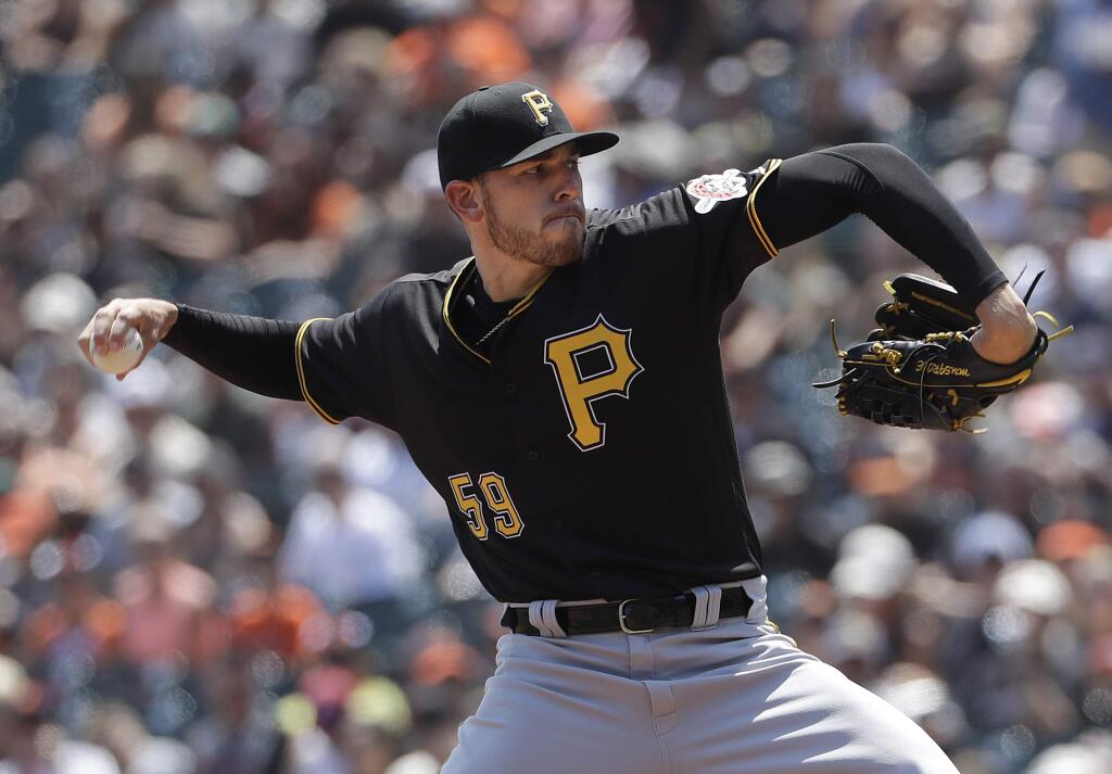 Pittsburgh Pirates pitcher Joe Musgrove (59) throws against the San Francisco Giants during the first inning of a baseball game in San Francisco, Sunday, Aug. 12, 2018. (AP Photo/Jeff Chiu)