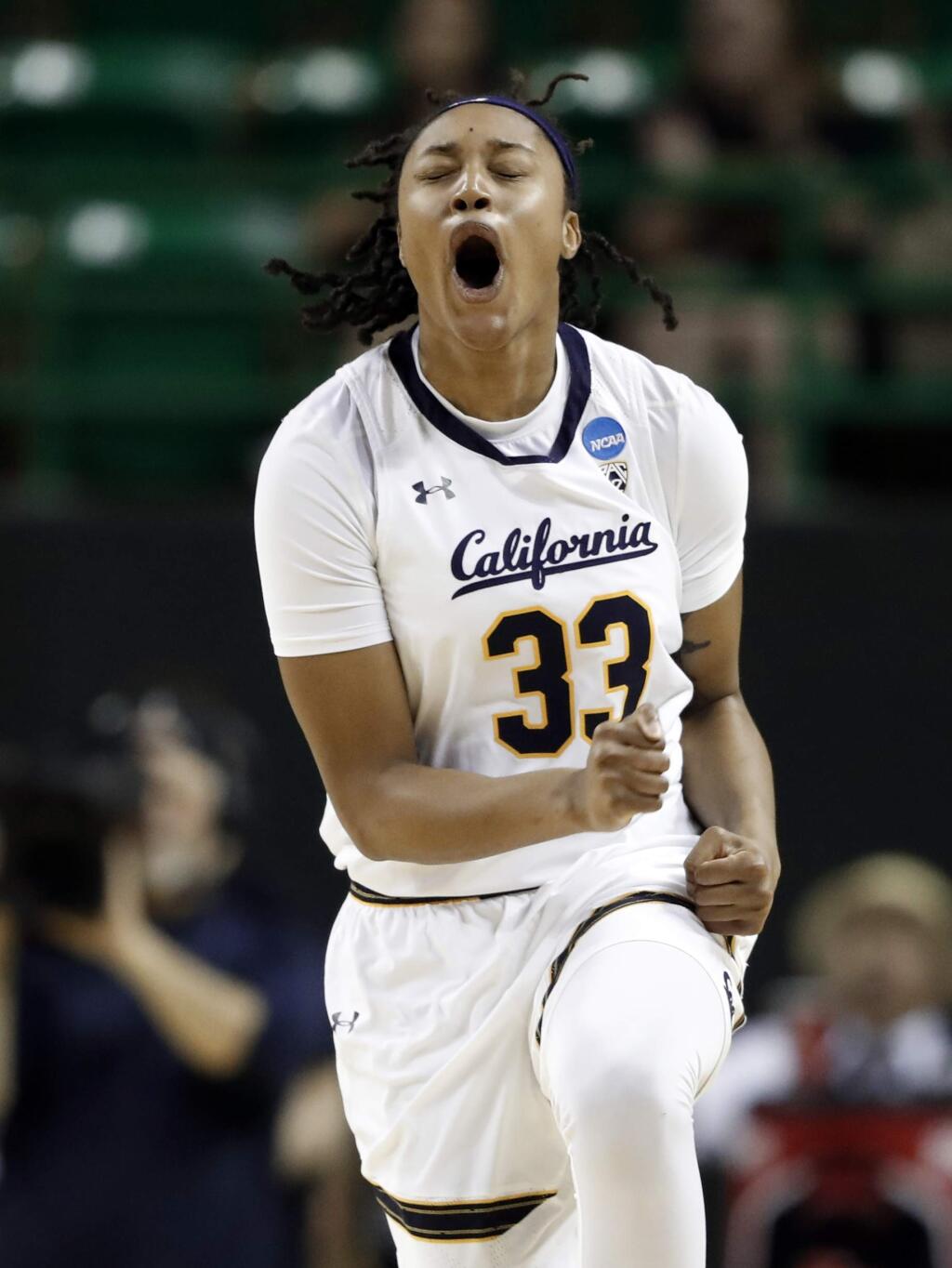 Cal guard Jaelyn Brown celebrates sinking a basket against North Carolina in the NCAA Tournament in Waco, Texas, Saturday March 23, 2019. (AP Photo/Tony Gutierrez)