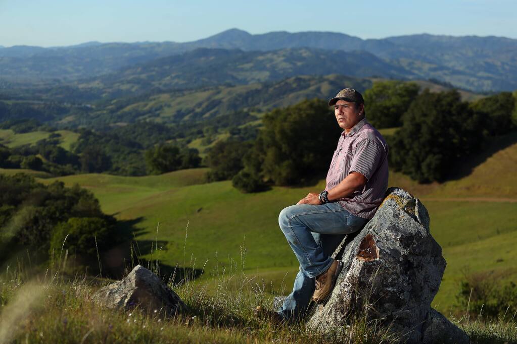 Tribal chairman of the Mishewal Wappo Scott Gabaldon, at Pepperwood Preserve overlooking his tribe's ancestral lands, plans on appealing the court decision which turned down the attempt to be restored as a tribe. (Christopher Chung/ The Press Democrat)
