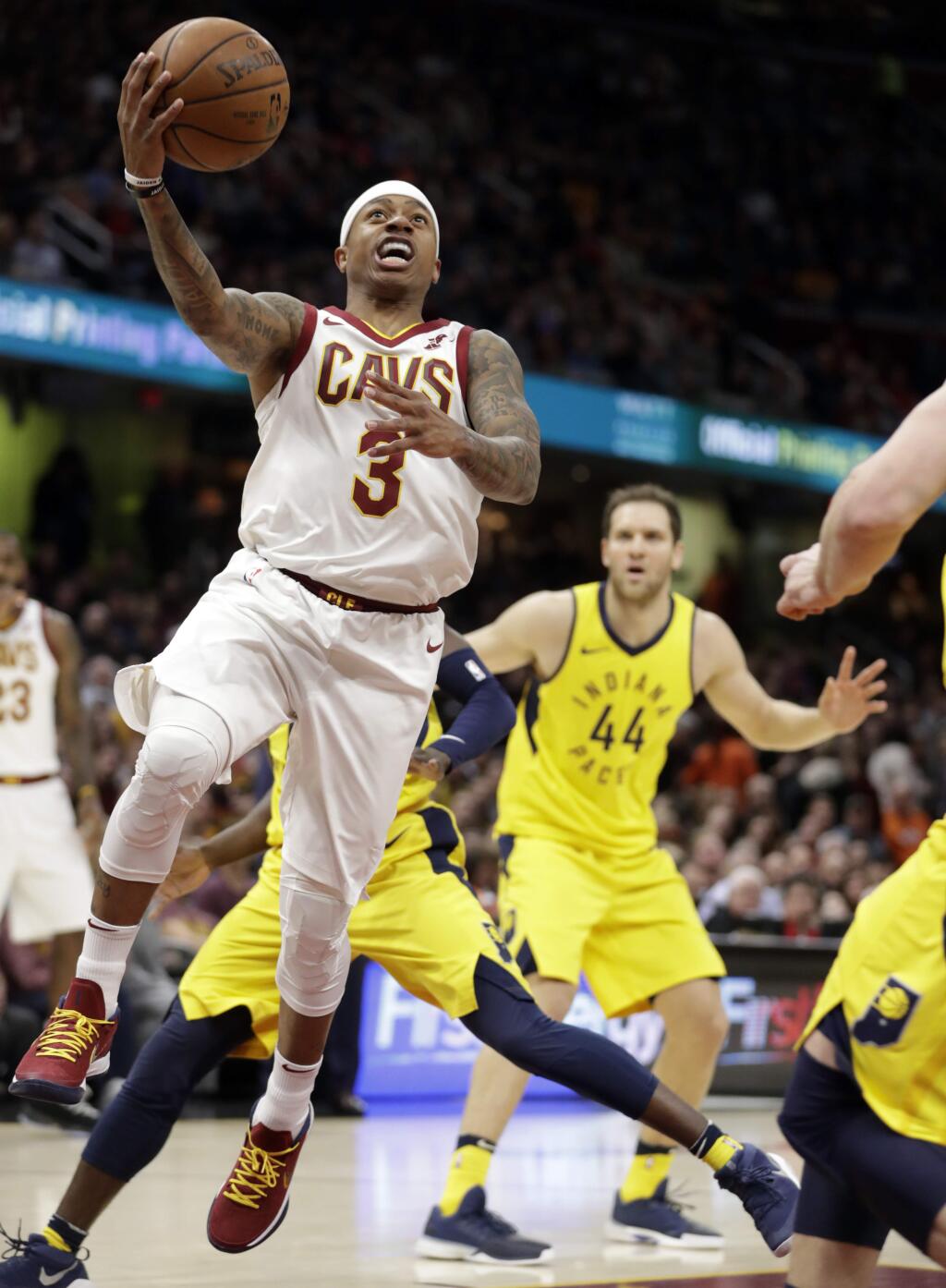 The Cleveland Cavaliers' Isaiah Thomas drives to the basket against the Indiana Pacers in the first half Friday, Jan. 26, 2018, in Cleveland. (AP Photo/Tony Dejak)
