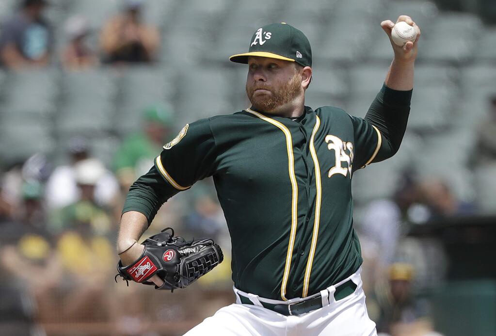 Oakland Athletics pitcher Brett Anderson throws against the Seattle Mariners during the second inning in Oakland, Wednesday, Aug. 15, 2018. (AP Photo/Jeff Chiu)