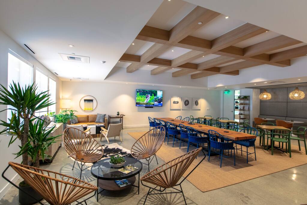 The Exchange office complex at Larkspur Landing in southern Marin County upgraded its common area in 2019 to appeal to tenants that seek a more collaborative, inviting environment. (courtesy of Cushman & Wakefield)