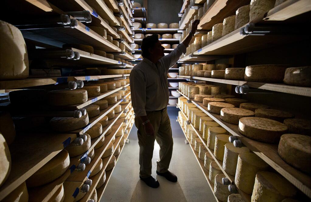 photos by John Burgess / The Press Democrat)Wm. Cofield co-founder Rob Hunter takes inventory of their Stilton and cheddar cheeses in the aging room of the factory/retail store in Sebastopol's The Barlow.
