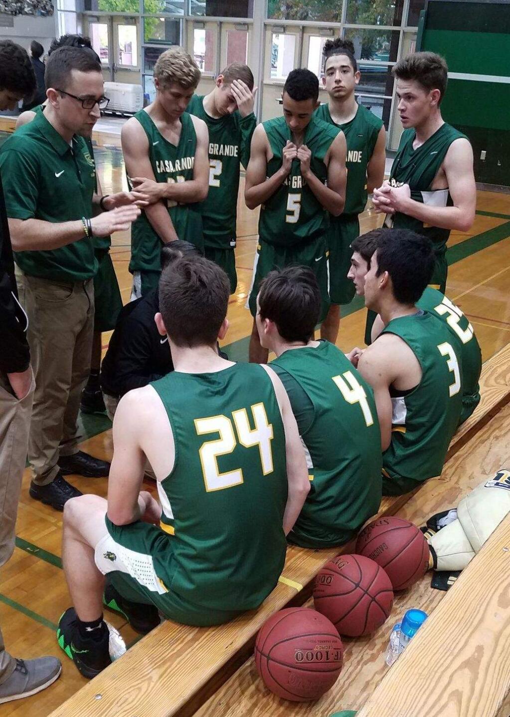 JOHN JACKSON/ARGUS-COURIER STAFFCasa Grande coach Jake Lee gives instructions to the Gauchos during their 54-50 win over Maria Carrillo.