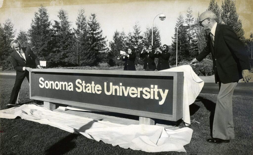 Unveiling the Sonoma State University sign, 1978. (The Press Democrat Archives)