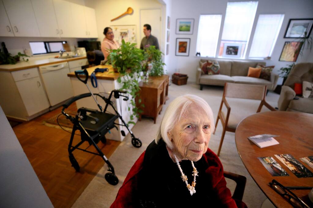 Architect Harriet Redlich, author of the booklet 'Granny Houses By a Granny', sits in the dining area of the granny unit where she lives in Petaluma on Wednesday, Jan. 15, 2020. (BETH SCHLANKER/ The Press Democrat)