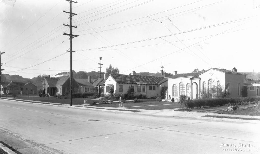 Interested in historic architecture? Petalumas D street neighborhood is brimming with perfectly preserved examples of vintage abodes like these three charming 1920s cottages, still standing today. (Courtesy of the Sonoma County Library)