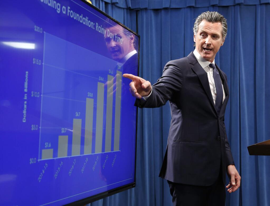 Gov. Gavin Newsom gestures to a chart showing an increase in funding for the state's rainy day fund as he discusses his proposed $213 billion revised state budget during a news conference Thursday, May 9, 2019, in Sacramento, Calif. (AP Photo/Rich Pedroncelli)