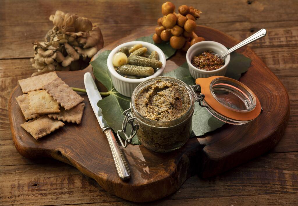 Mushroom pate with with crisp crackers, as the French do, with some little cornichons and grainy mustard on the side. (photo by John Burgess/The Press Democrat)