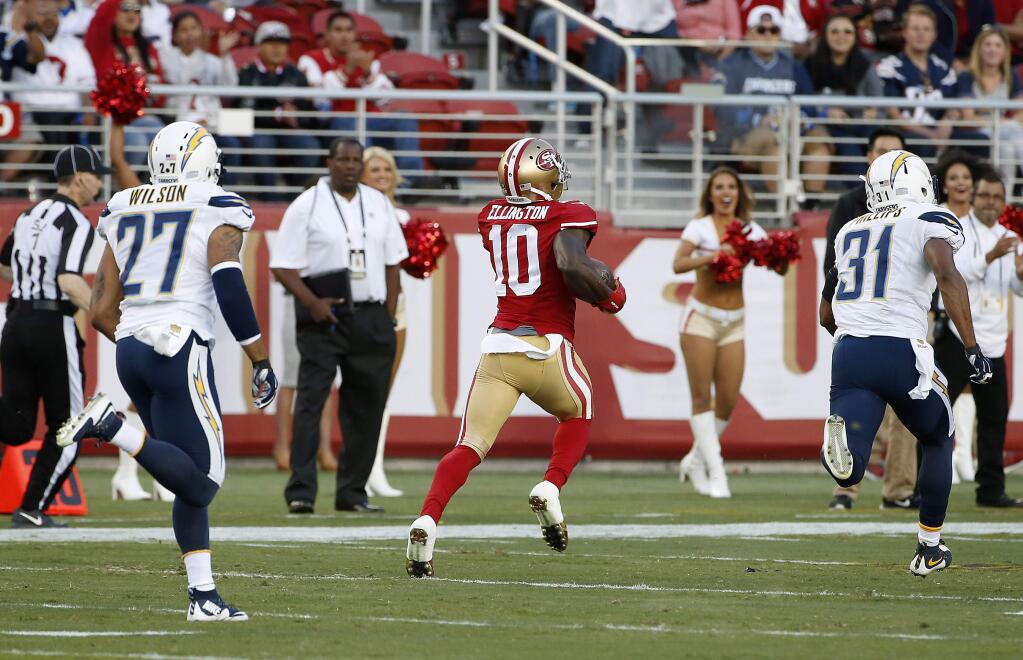 San Francisco 49ers wide receiver Bruce Ellington (10) runs toward the end zone to score on a 70-yard touchdown reception against the San Diego Chargers during the first half of a game in Santa Clara Thursday, Sept. 3, 2015. (AP Photo/Tony Avelar)