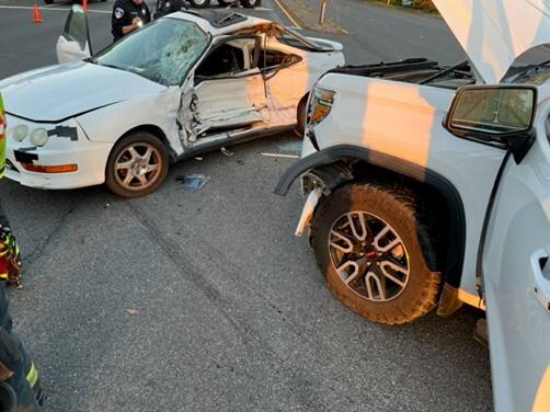 A man and child, who were traveling in an Acura sedan, were hospitalized following a two-vehicle collision Saturday, May 13, 2023,  on Highway 12 in Santa Rosa. (Santa Rosa Police Department)