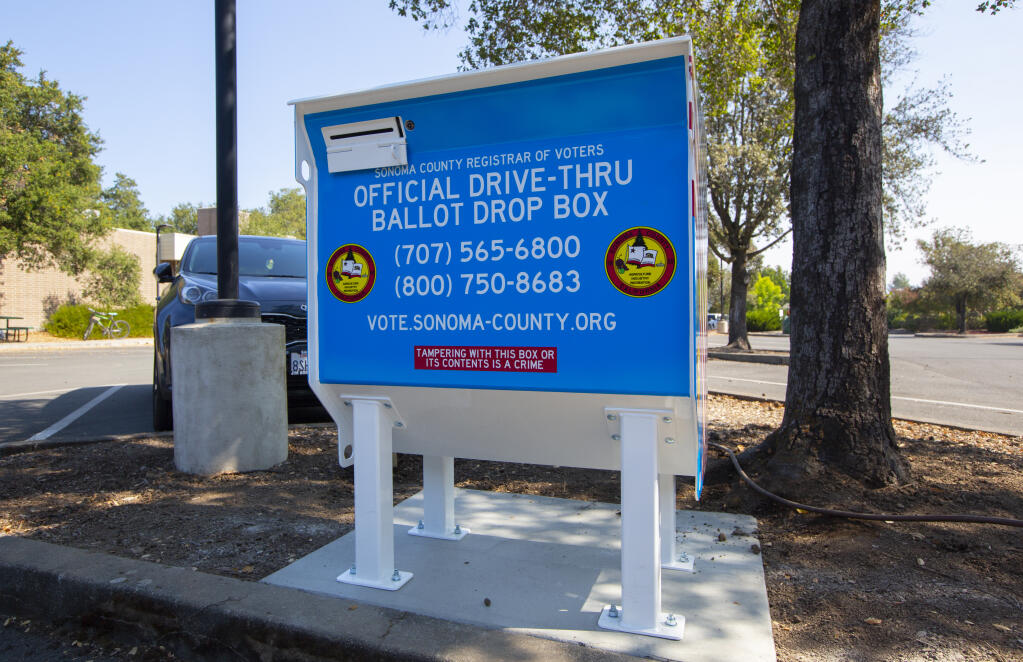 If you choose not to mail in your ballot, one option is to deposit in the official drive-through ballot drop box in the parking lot of the Sonoma Valley Regional Library on West Napa Street. (Photo by Robbi Pengelly/Index-Tribune)