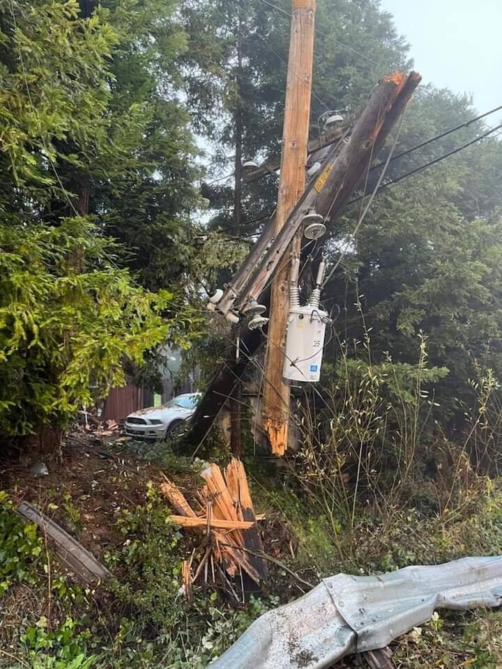 Just 251 customers in western Sonoma County were still without power Saturday night after a vehicle crashed into a transmission pole in the area of Trenton and Covey roads near Forestville at about 1:30 a.m., cutting electricity to 12,600 homes. (Mark Pedroia)