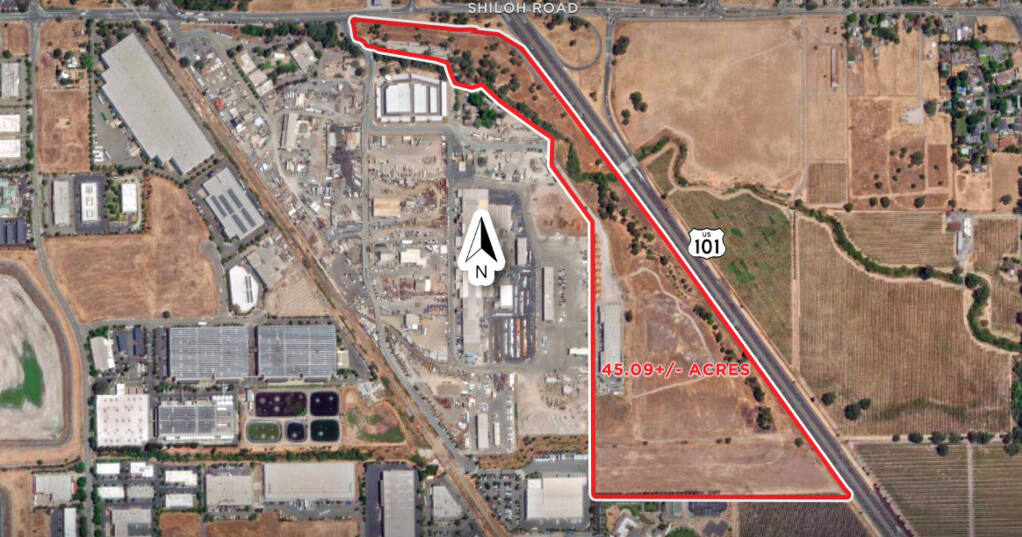 Brennan Investment Group in 2022 purchased about 45 acres of the former Standard Structures property along the west side of Highway 101 near Sonoma County airport and south of Shiloh Road in Windsor. Plans call for construction of three industrial buildings totaling 477,093 square feet of class A industrial space. (courtesy of Keegan & Coppin)