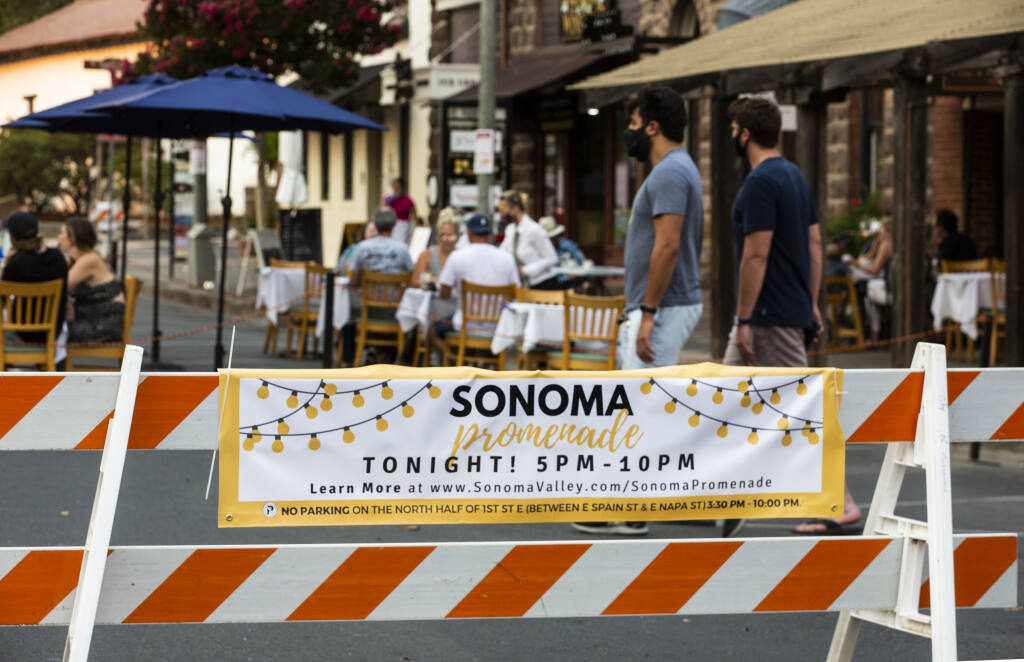 Sonoma Promenade, the city program to close a portion of First Street East to traffic and opening it up to pedestrians and diners on weekend evenings, got off to a good start on Friday, Aug. 21. (Photo by Robbi Pengelly / Index-Tribune)