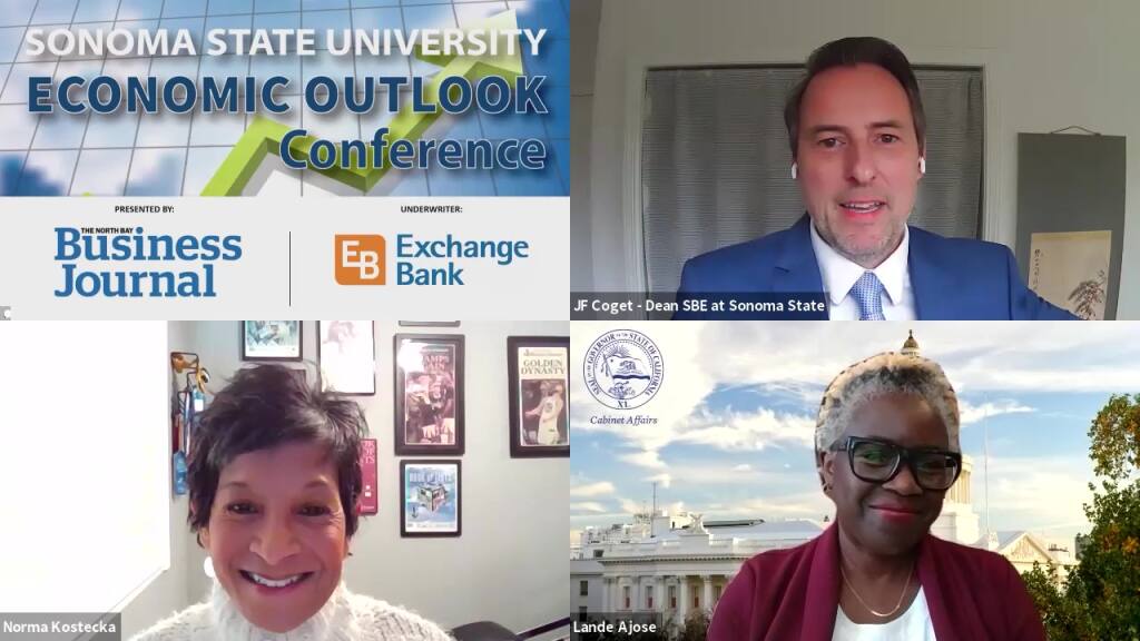North Bay Business Journal Publisher Norma Kostecka speaks with SSU Economic Outlook Conference speakers SSU School of Business and Economics Dean J.F. Coget and Lande Ajose, Ph.D., higher education adviser to Gov. Gavin Newsom, on Tuesday, Feb. 16, 2021. (video screenshot)