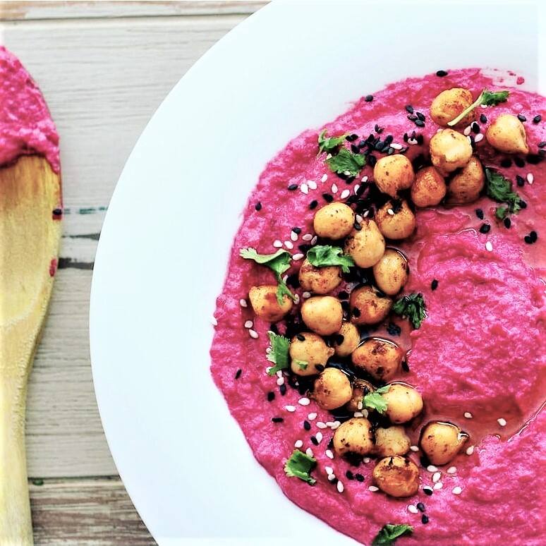 Dino’s Greek Food Truck adds a pop of color to its hummus with the addition of beets. (PHOTO COURTESY DINO’S GREEK)