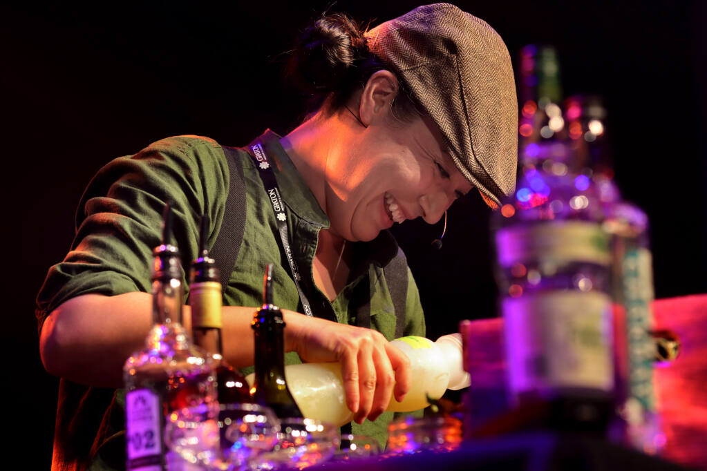 Danielle Peters of Molti Amici in Healdsburg, pours cocktails during the Full Tilt Cocktail Competition at Graton Resort and Casino in Rohnert Park, Tuesday, Aug. 1, 2023. (Darryl Bush / For The Press Democrat)