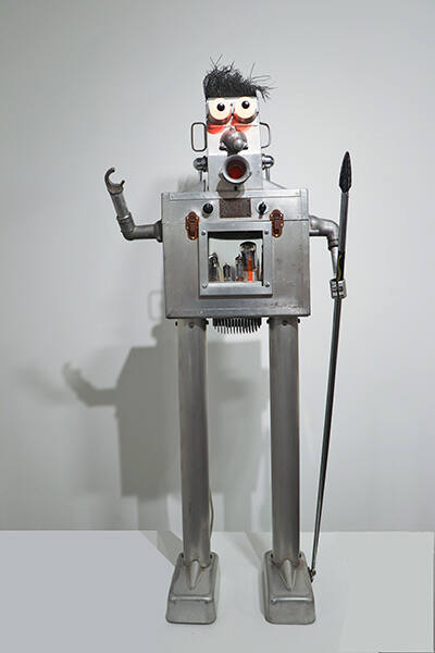 Clayton Bailey’s ‘Warrior’ from 2002 is one of the late-artist’s robot sculptures created with found objects.