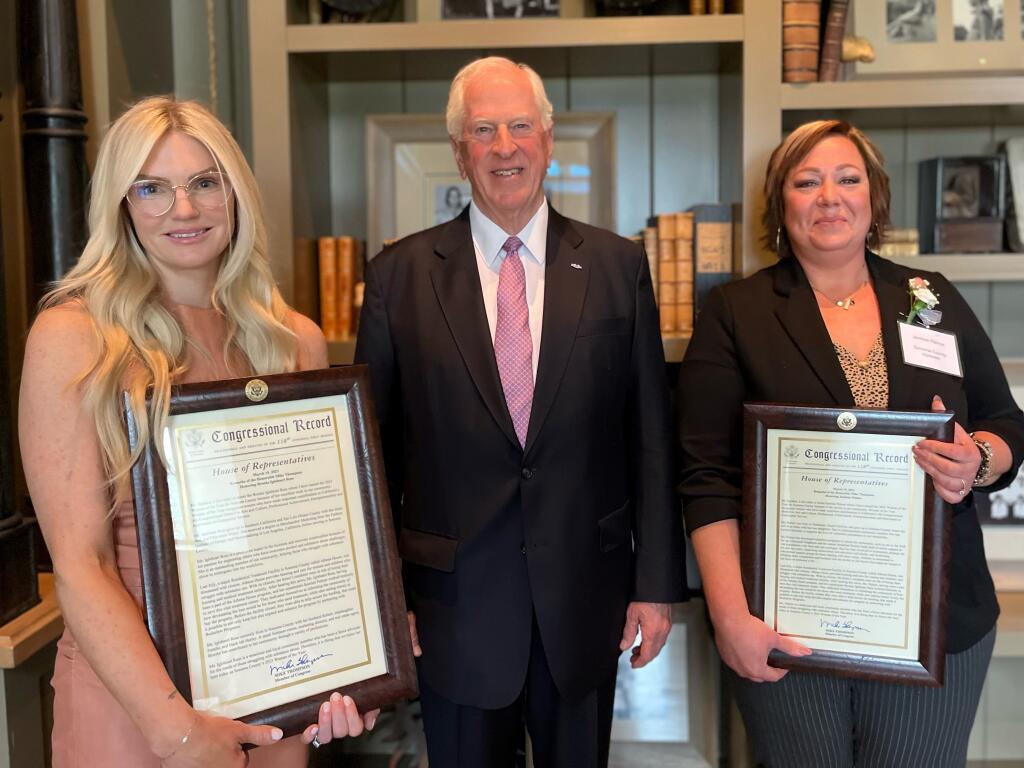 Brooke Igleheart Ross, left, and Jasmine Palmer, right, were named by U.S. Rep. Mike Thompson, D-St. Helena, center, 2023 Sonoma County Women of the Year. ( Rep. Thompson’s Office)