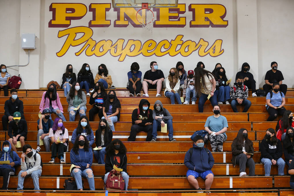 Freshman students attend an assembly on the first day of school at Piner High School in Santa Rosa, Thursday, Aug. 12, 2021.  (Christopher Chung/ The Press Democrat file)