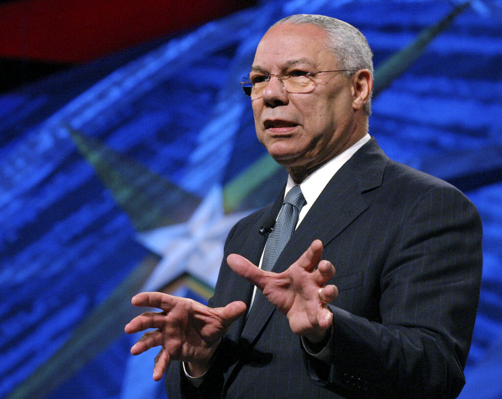 Former Secretary of State Colin Powell gives the closing keynote at the World Congress of Information Technology in Austin, Texas on Friday, May 5, 2006.(AP Photo/Jack Plunkett)