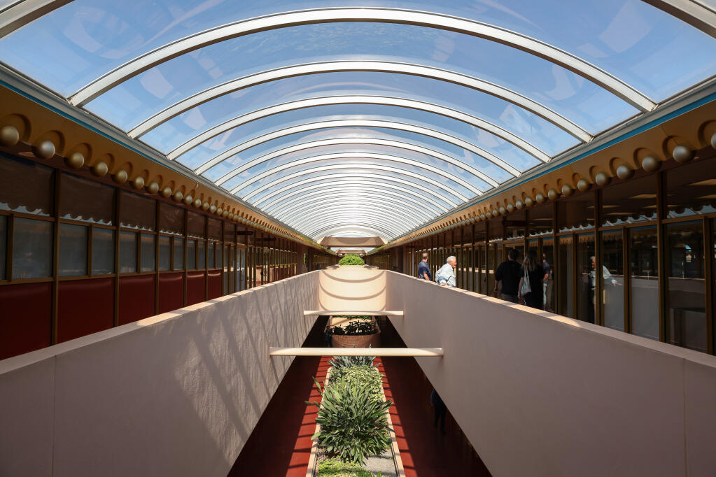 A long skylight provides ample light for the Marin County Civic Center in San Rafael on Wednesday, October 12, 2022.  The building was the last commissioned work of architect Frank Lloyd Wright.  (Christopher Chung/The Press Democrat)