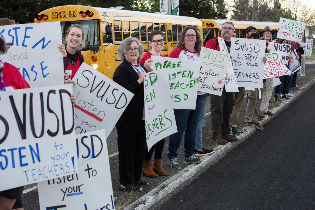 Before classes began, teachers from Sonoma Valley High School gathered on the Broadway side of the campus to express their frustrations with the Sonoma Valley Unified School District, on Tuesday, March 22, 2022. (Robbi Pengelly/Index-Tribune)