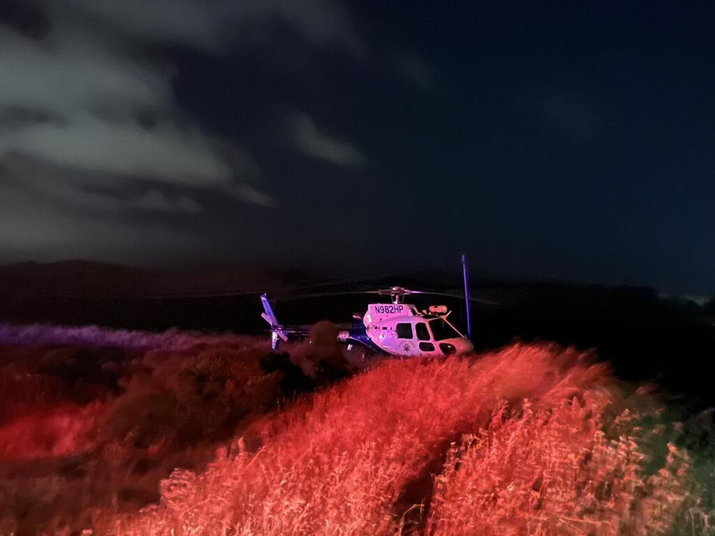 A California Highway Patrol helicopter responds to a fatal crash near the San Rafael Airport in San Rafael, Saturday, July 8, 2023. (California Highway Patrol - Golden Gate Division Air Operations / Facebook)