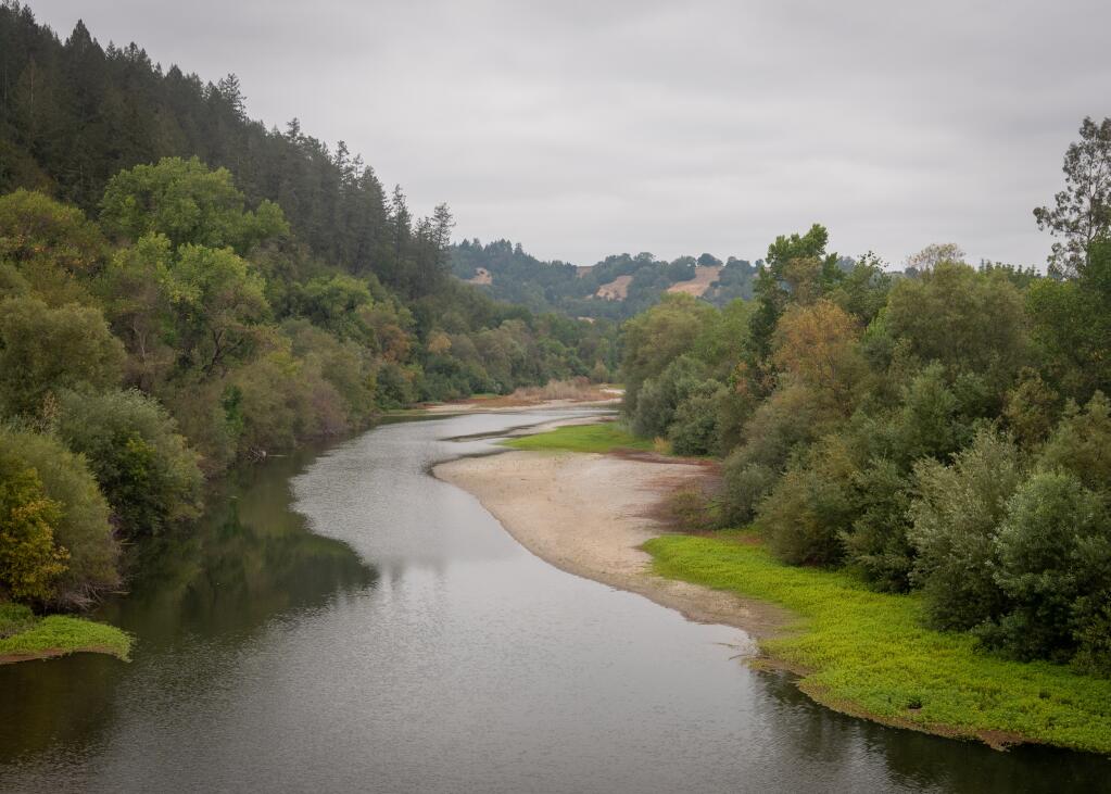 A view of the Russian River running very low due to drought near Forestville, California, taken from Wohler Bridge