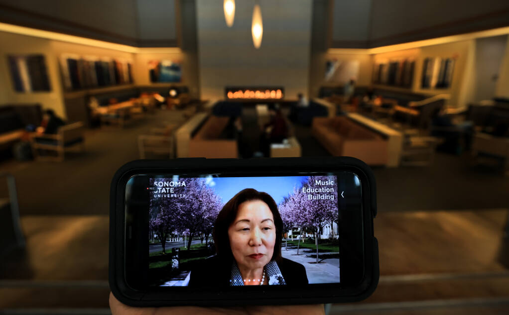 Sonoma State University President Judy Sakaki addresses the Academic Senate, Thursday, April 14, 2022 via Zoom about a monetary settlement with a former top SSU administrator over a case involving sexual harassment allegations against her husband. Photograph of the Zoom conference was made at the SSU student center in Rohnert Park. (Kent Porter / The Press Democrat) 2022