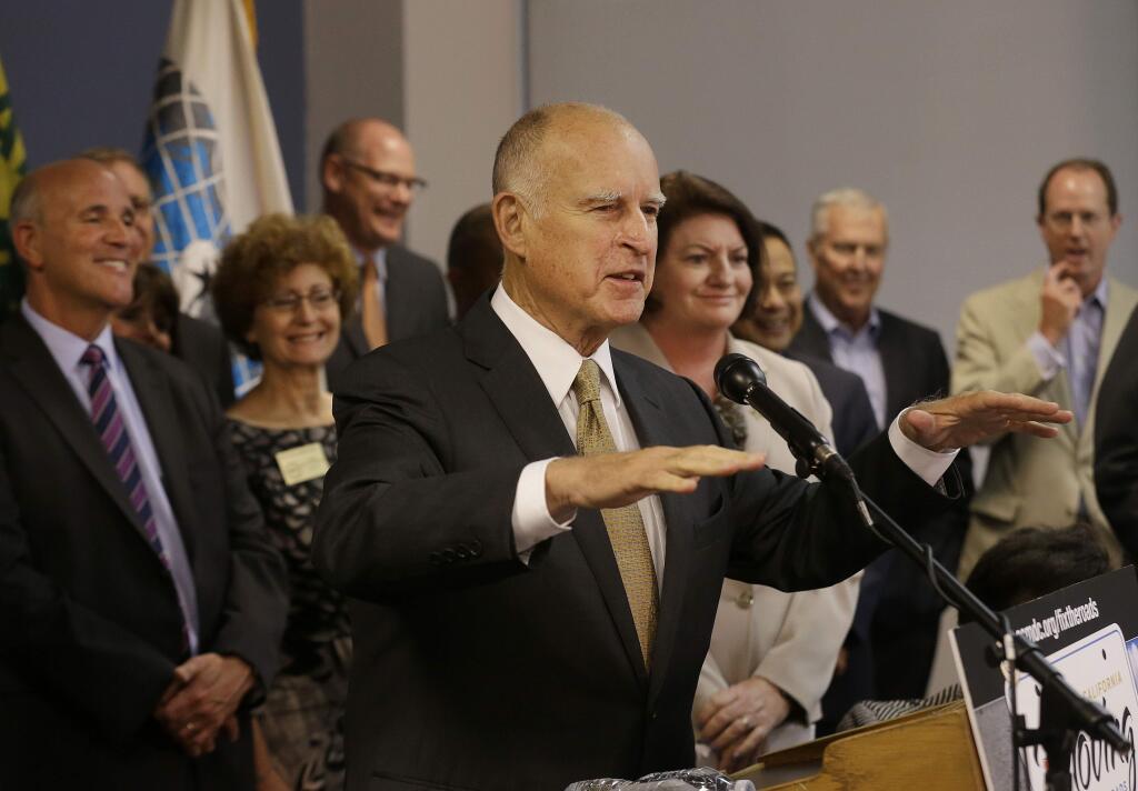 Gov. Jerry Brown speaks at a news conference about transportation in Oakland, Calif., Wednesday, Aug. 19, 2015. (AP Photo/Jeff Chiu)
