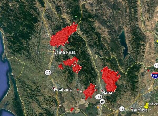 Map showing the four major fires in the Sonoma-Napa area. At top, the Tubbs Fire, which started near Calistoga and crossed over into Sonoma County along Mark West Springs Rd., then turning south into Santa Rosa. Below that is the Nuns Fire, which afflicted Glen Ellen and Sonoma Mountain. Below that is the Patrick Fire in southern Sonoma. At right is the largest, the Atlas Fire - the largest at over 25,000 acres.