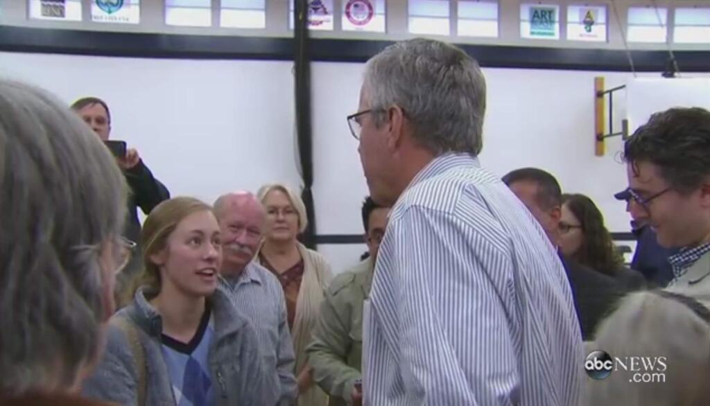 Ivy Ziedrich, 19, questions Florida Gov. Jeb Bush during a town-hall-style meeting Wednesday, May 13, 2015, in Reno. (Screengrab via ABC News)