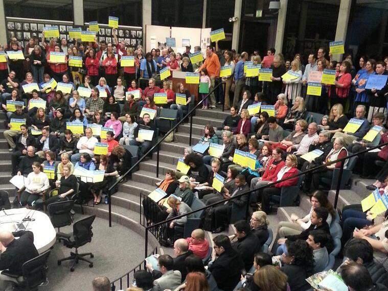 Teachers packed the Santa Rosa City Schools board meeting to protest stalled contract talks on Wednesday, Feb. 12, 2015. (@SRCITYBEAT)