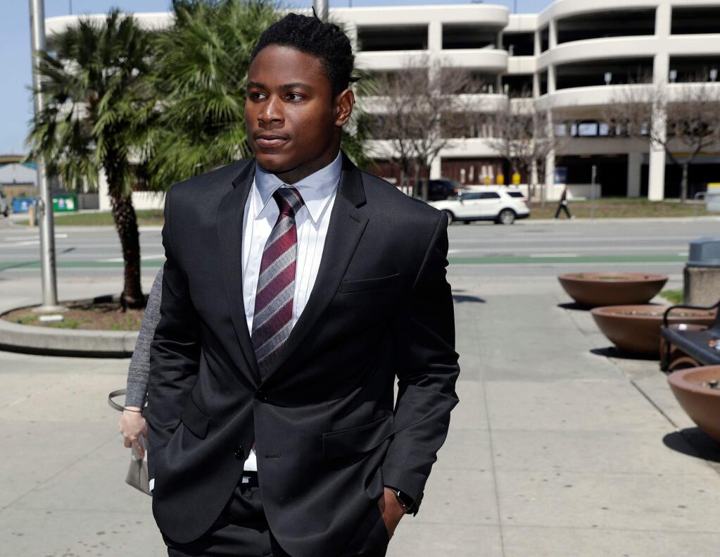 FILE - In this April 12, 2018, file photo, San Francisco 49ers linebacker Reuben Foster arrives at Santa Clara County Superior Court in San Jose, Calif. Foster pleaded not guilty Tuesday, May 8, 2018, to charges stemming from allegations that he attacked his then-girlfriend in their home in February. A preliminary hearing has been scheduled for May 17, at which point Foster's former girlfriend, Elissa Ennis, may testify under oath. (AP Photo/Marcio Jose Sanchez, File)