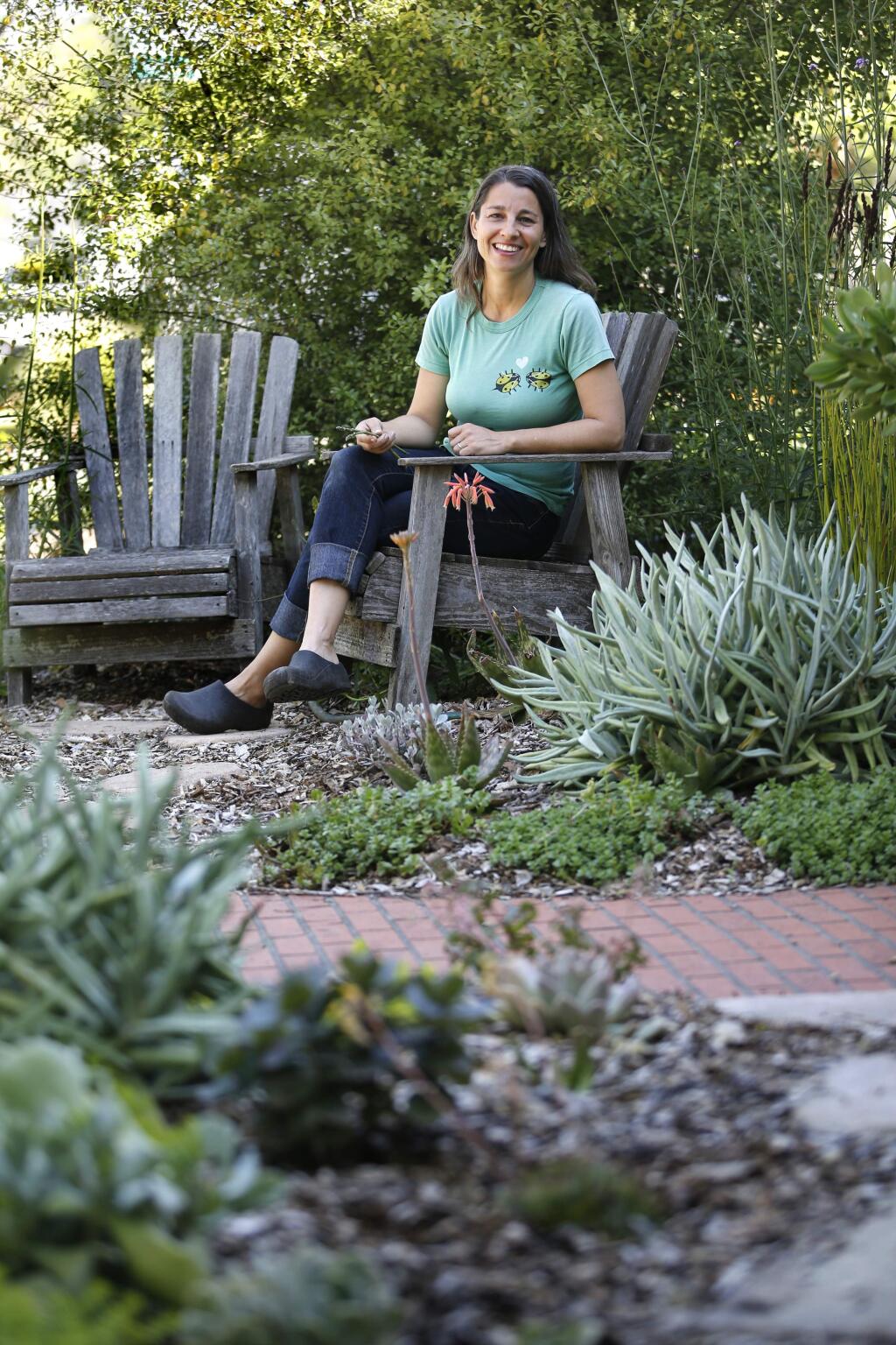 Photos by BETH SCHLANKER / The Press DemocratKirsten Miller in her “pretty much finished” Santa Rosa garden, where she replaced a lawn with drought-tolerant plants such as euphorbia, olive, verbena, mimulus, nepeta, erigeron and assorted succulents, using greywater from the laundry.