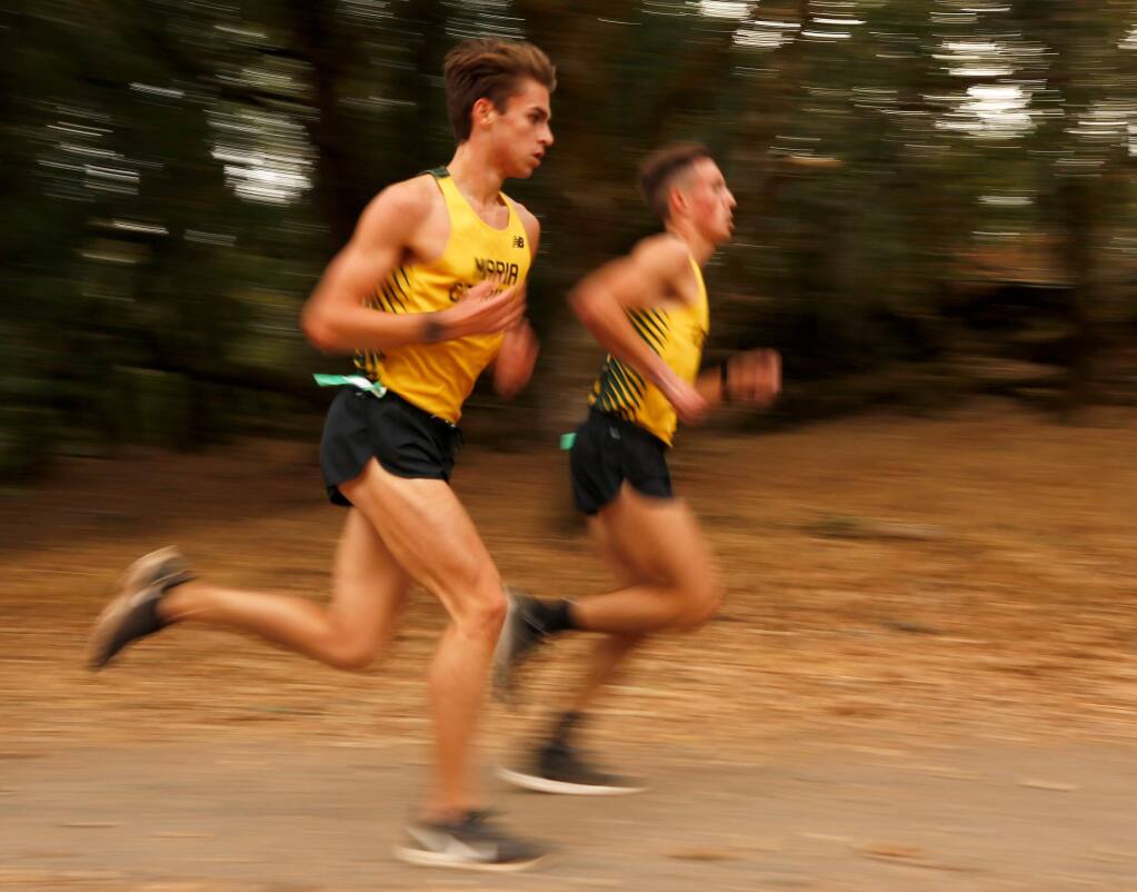 Maria Carrillo's Rory Small, left, and Colton Swinth compete in a North Bay League-Oak Division cross country meet at Spring Lake Park in Santa Rosa on Wednesday, Oct. 16, 2019. (Alvin Jornada / The Press Democrat)