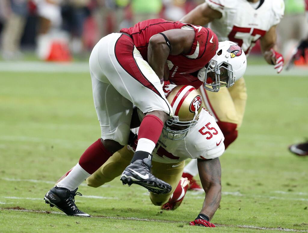 San Francisco 49ers outside linebacker Ahmad Brooks (55) against the Arizona Cardinals during the first half of an NFL football game, Sunday, Sept. 27, 2015, in Glendale, Ariz. (AP Photo/Rick Scuteri)
