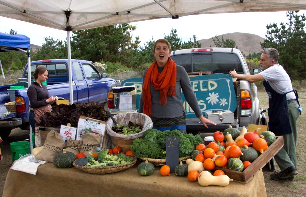 Libby Irving runs the booth for Bloomfield Gardens at the Bodega Bay Farmers Market in 2014. (Photo by Simone Wilson)