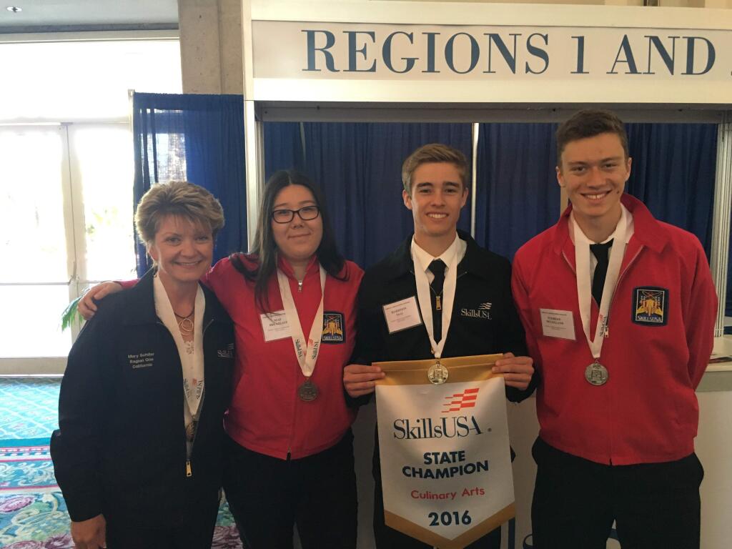 Maria Carrillo High School teacher Mary Schiller, far left, led a team of nine students from the school's culinary arts program to the Skills USA state championship in San Diego over the weekend of April 2, 2016. To the right, Mae Breazeale, Harrison Saal and Florian McLelland earned medals in the contest. (MARY SCHILLER)
