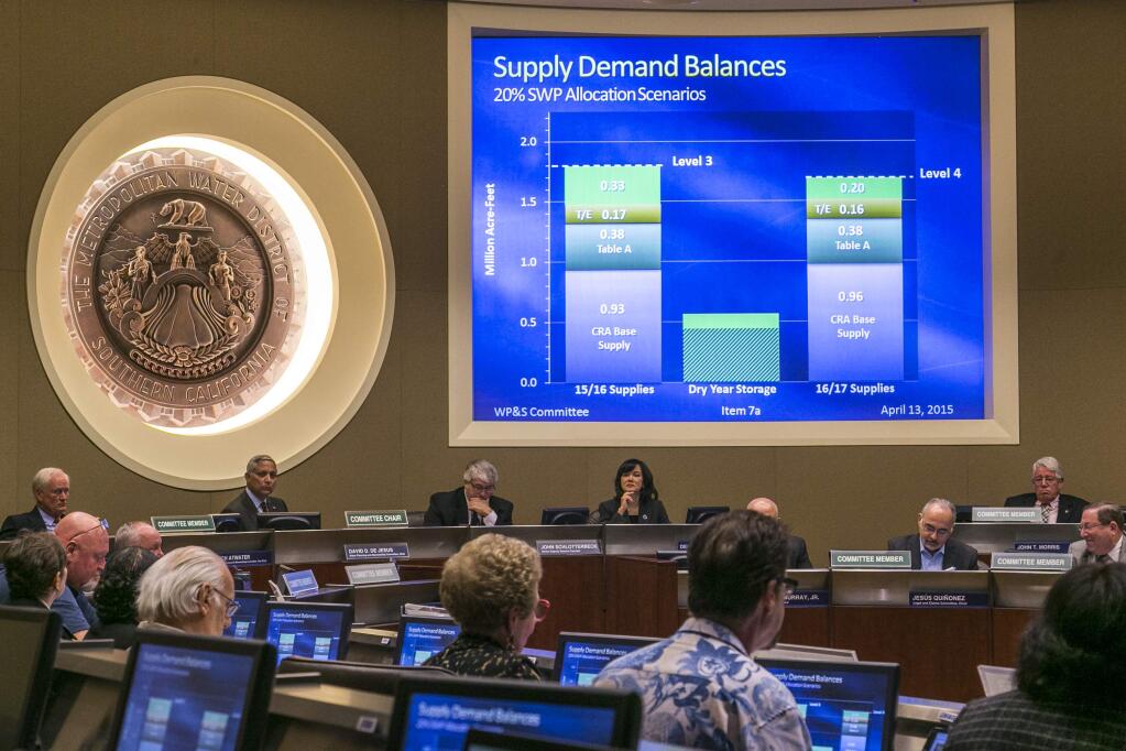 Members of the board committee of the Metropolitan Water District, MDW, check two different proposals: Supply Demand Balances, before moving forward on the Level 3 proposal that would cut regional water deliveries by 15 percent beginning this summer, during a meeting in Los Angeles on Monday, April 13, 2015. If cuts are approved by the full board on Tuesday, they would take effect in July. Cities that need more water would have to pay a penalty, up to four times the normal price, for extra deliveries. California is enduring a fourth year of parched conditions, prompting Gov. Jerry Brown earlier this month to call for a mandatory 25 percent cut in urban water use compared with 2013 levels. (AP Photo/Damian Dovarganes)