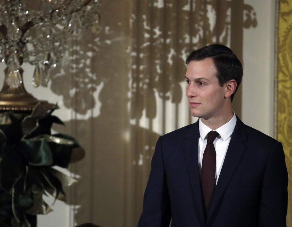 FILE - This Dec. 7, 2017 file photo shows White House senior adviser Jared Kushner n the East Room of the White House as President Donald Trump speaks during a reception, in Washington. That same month, in December of 2017, major renovations ended at a residential building owned by Kushner's family real estate firm in the hip, Williamsburg section of Brooklyn. Numerous current and former residents of the building say they believe they were targeted in a campaign of relentless construction, along with rent hikes of $500 a month or more to push them out of their rent-stabilized homes to make way for high-paying luxury condo buyers. (AP Photo/Alex Brandon, FIle)