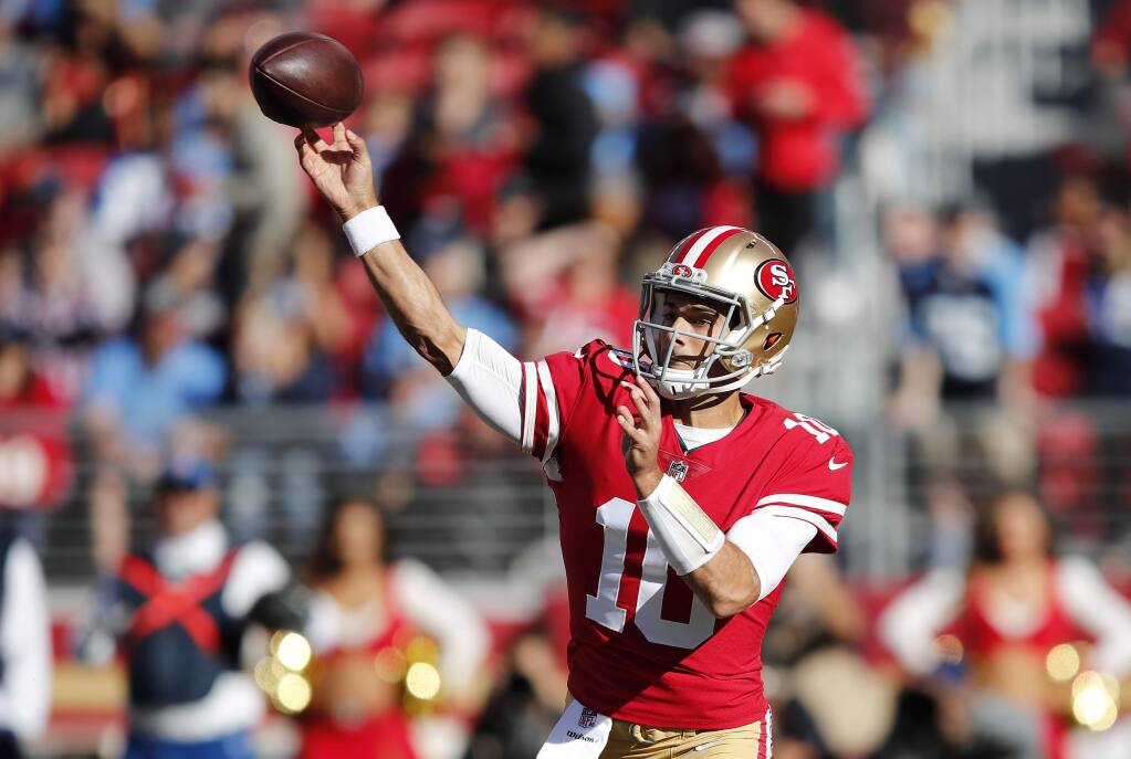San Francisco 49ers quarterback Jimmy Garoppolo throws against the Tennessee Titans during the first half Sunday, Dec. 17, 2017, in Santa Clara. (AP Photo/John Hefti)