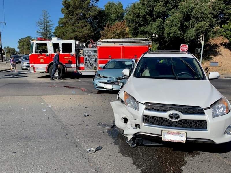 Cars involved in a crash at E Street and Bennett Valley Road in Santa Rosa on Wednesday, Oct. 9, 2019. (SANTA ROSA POLICE DEPARTMENT)